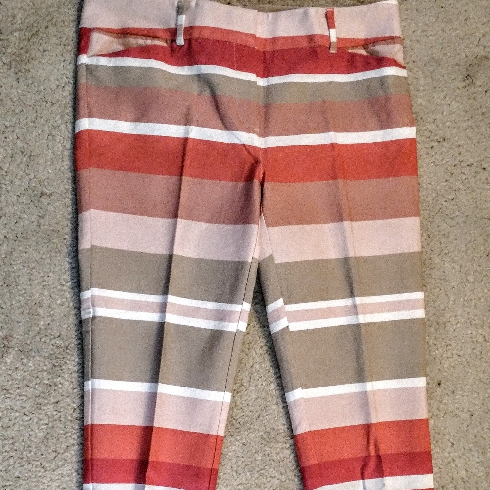 New York & Company Striped Crop Pants in Red, Pink, Tan, and Brown